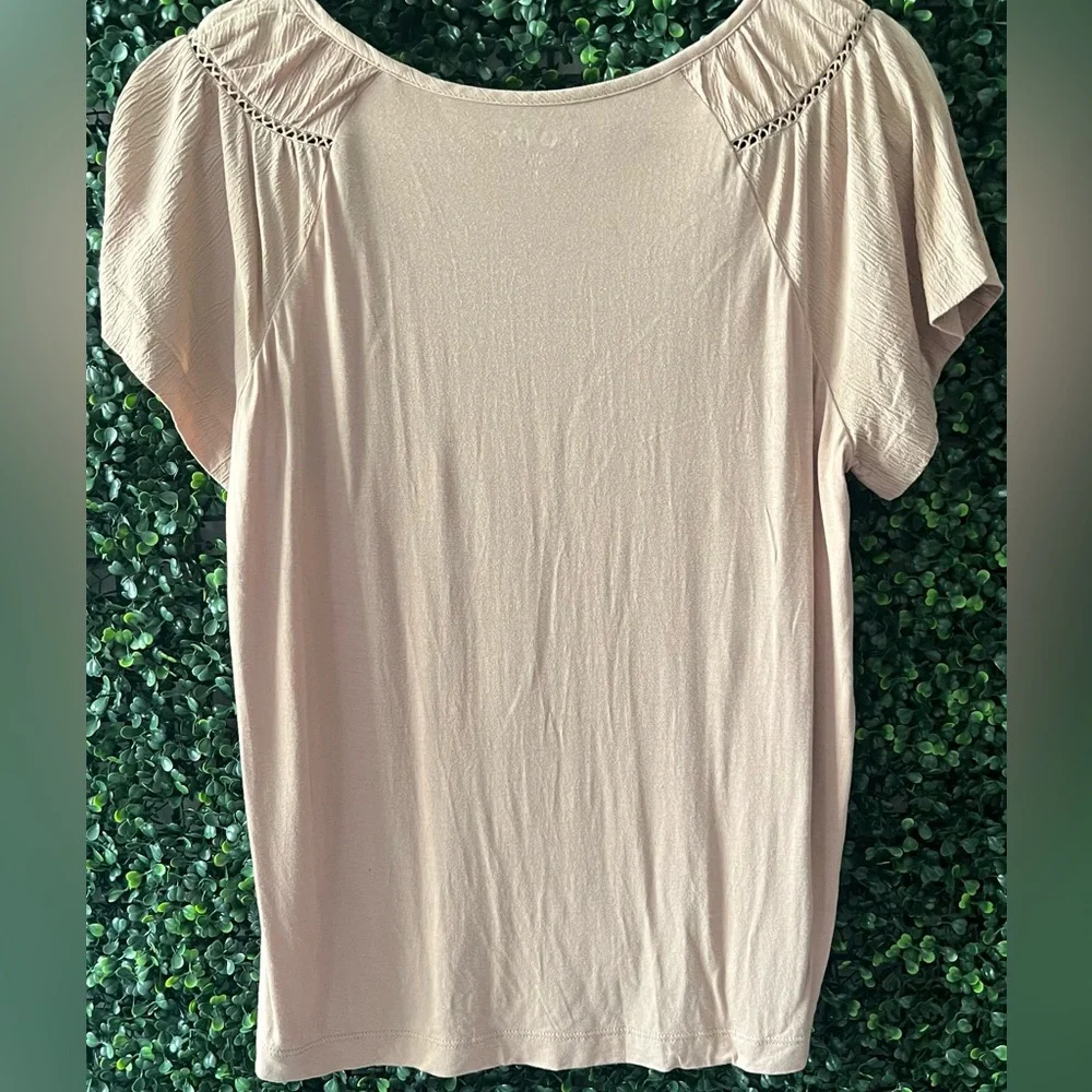 LOFT Cutout Yoke Flutter Sleeve Mixed Media Top - Picture 3 of 6